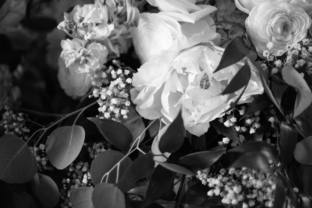 detail of bouquet with peonies and eucalyptus